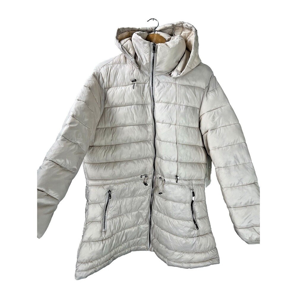 Women’s Long Puffer Coat Hooded Zip Front Neutral Beige Winter 2X NWT